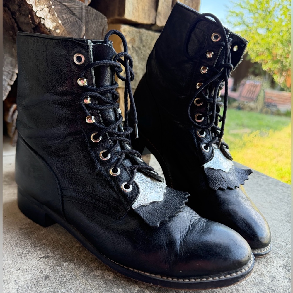 Vintage Justin Boots Black Leather Lace-Up Roper kiltie Boots Sz-8.5. V